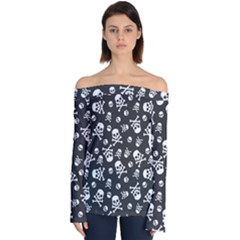 Skull-crossbones-seamless-pattern-holiday-halloween-wallpaper-wrapping-packing-backdrop Off Shoulder Long Sleeve Top by Ravend