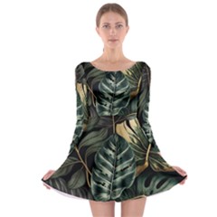 Tropical Leaves Foliage Monstera Nature Home Long Sleeve Skater Dress by Jancukart