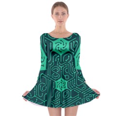 Circuit Hexagonal Geometric Pattern Background Green Long Sleeve Skater Dress by Jancukart