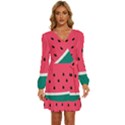 Watermelon Fruit Pattern Long Sleeve Waist Tie Ruffle Velvet Dress View1