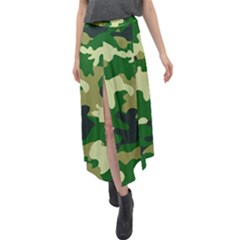 Green Military Background Camouflage Velour Split Maxi Skirt by Semog4