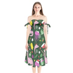 Colorful Funny Christmas Pattern Shoulder Tie Bardot Midi Dress by Semog4