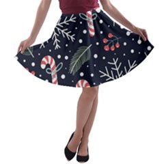 Holiday Seamless Pattern With Christmas Candies Snoflakes Fir Branches Berries A-line Skater Skirt by Semog4