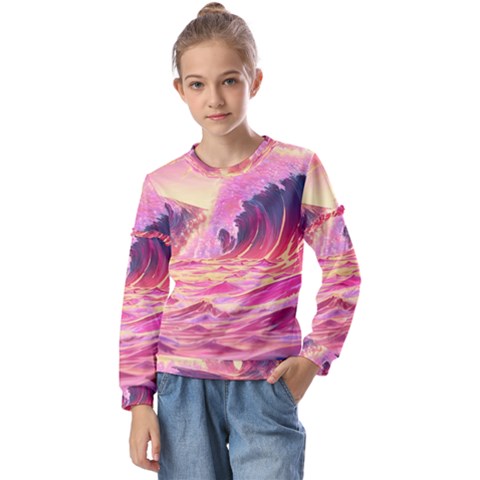 Wave Waves Ocean Sea Kids  Long Sleeve Tee With Frill  by Ravend