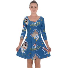 Seamless Pattern Funny Astronaut Outer Space Transportation Quarter Sleeve Skater Dress by Semog4