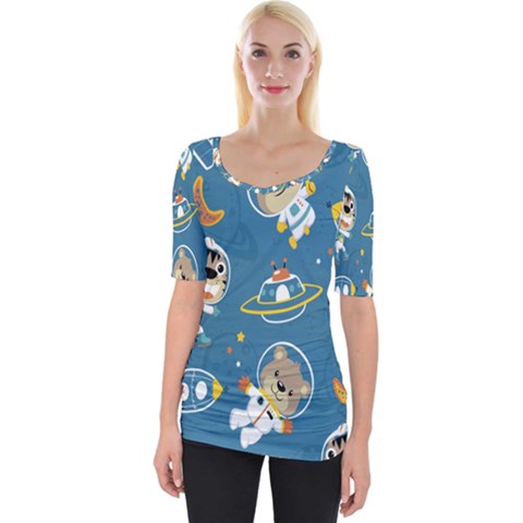 Seamless Pattern Funny Astronaut Outer Space Transportation Wide Neckline Tee by Semog4