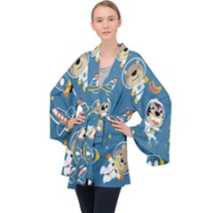 Seamless Pattern Funny Astronaut Outer Space Transportation Long Sleeve Velvet Kimono  by Semog4