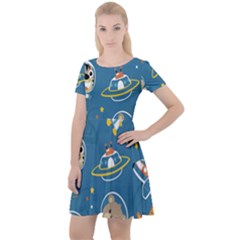 Seamless Pattern Funny Astronaut Outer Space Transportation Cap Sleeve Velour Dress  by Semog4