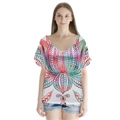 Lotus Feathers Boho Watercolor V-neck Flutter Sleeve Top by Salman4z