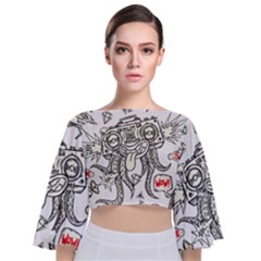 Drawing Clip Art Hand Painted Abstract Creative Space Squid Radio Tie Back Butterfly Sleeve Chiffon Top by Salman4z