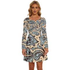 Texture Ornament Paisley Long Sleeve Wide Neck Velvet Dress by Salman4z