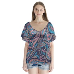 Background Ornament Paisley V-neck Flutter Sleeve Top by Salman4z