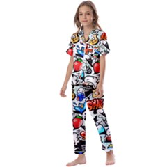 Graffiti Art Cartoon Comic Kids  Satin Short Sleeve Pajamas Set by Salman4z