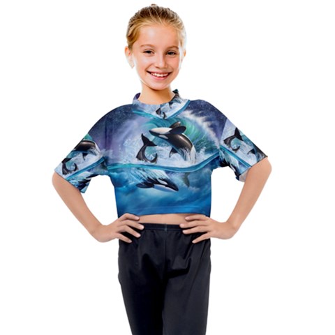 Orca Wave Water Underwater Kids Mock Neck Tee by Salman4z