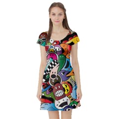 Cartoon Explosion Cartoon Characters Funny Short Sleeve Skater Dress by Salman4z