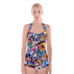 Cartoon Explosion Cartoon Characters Funny Boyleg Halter Swimsuit  by Salman4z