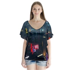 Cityscape Digital Art V-neck Flutter Sleeve Top by Salman4z