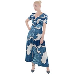 Waves Aesthetics Illustration Japanese Button Up Short Sleeve Maxi Dress by Salman4z