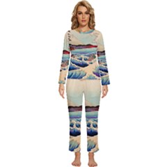 Wave Japanese Mount Fuji Woodblock Print Ocean Womens  Long Sleeve Lightweight Pajamas Set by Salman4z