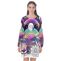 Rainbow Fun Cute Minimal Doodle Drawing Art Long Sleeve Chiffon Shift Dress  by Jancukart