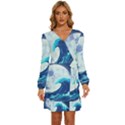 Waves Ocean Sea Tsunami Nautical 7 Long Sleeve Waist Tie Ruffle Velvet Dress View1