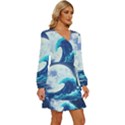 Waves Ocean Sea Tsunami Nautical 7 Long Sleeve Waist Tie Ruffle Velvet Dress View3