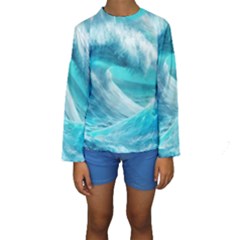 Tsunami Waves Ocean Sea Nautical Nature Water Tidal Kids  Long Sleeve Swimwear by Jancukart