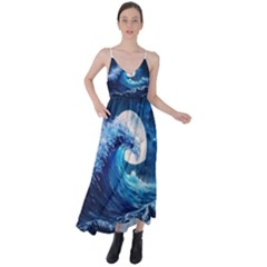 Tsunami Waves Ocean Sea Nautical Nature Water Moon Tie Back Maxi Dress by Jancukart