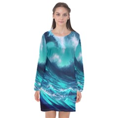 Tsunami Tidal Wave Ocean Waves Sea Nature Water Long Sleeve Chiffon Shift Dress  by Jancukart