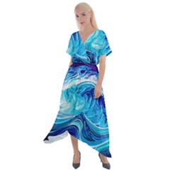 Tsunami Waves Ocean Sea Nautical Nature Abstract Blue Water Cross Front Sharkbite Hem Maxi Dress by Jancukart