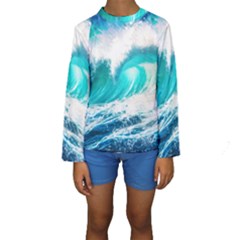 Tsunami Waves Ocean Sea Nautical Nature Water Blue Nature Kids  Long Sleeve Swimwear by Jancukart