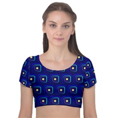 Blue Neon Squares - Modern Abstract Velvet Short Sleeve Crop Top  by ConteMonfrey