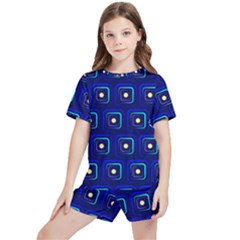 Blue Neon Squares - Modern Abstract Kids  Tee And Sports Shorts Set by ConteMonfrey