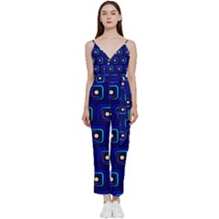 Blue Neon Squares - Modern Abstract V-neck Spaghetti Strap Tie Front Jumpsuit by ConteMonfrey