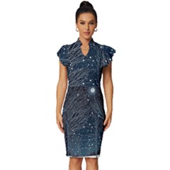 Snow Christmas Starry Night Vintage Frill Sleeve V-neck Bodycon Dress by Simbadda