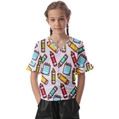 Seamless Pixel Art Pattern Kids  V-neck Horn Sleeve Blouse by Amaryn4rt