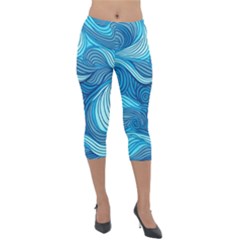 Ocean Waves Sea Abstract Pattern Water Blue Lightweight Velour Capri Leggings  by Wegoenart