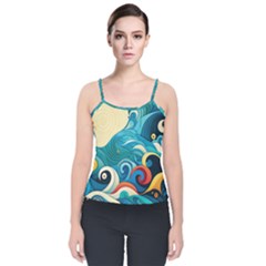 Waves Ocean Sea Abstract Whimsical Abstract Art 5 Velvet Spaghetti Strap Top by Wegoenart