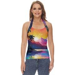 Ai Generated Tropical Island Sunset Landscape Basic Halter Top by Wegoenart