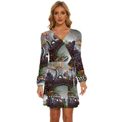 Abstract Art Psychedelic Art Experimental Long Sleeve Waist Tie Ruffle Velvet Dress by Uceng