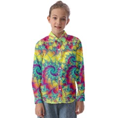 Fractal Spiral Abstract Background Vortex Yellow Kids  Long Sleeve Shirt by Uceng