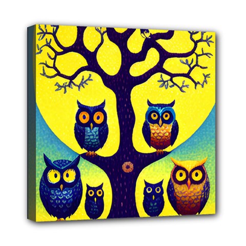 Owl Animal Cartoon Drawing Tree Nature Landscape Mini Canvas 8  X 8  (stretched) by Uceng