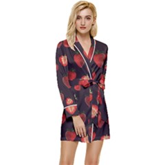 Watercolor Strawberry Long Sleeve Satin Robe by SychEva