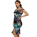 Japanese Garden Flowers Landscape Off Shoulder Ruffle Split Hem Bodycon Dress View2