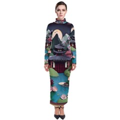 Japanese Garden Flowers Landscape Turtleneck Maxi Dress by danenraven