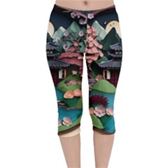 Japanese Garden Flowers Landscape Velvet Capri Leggings  by danenraven