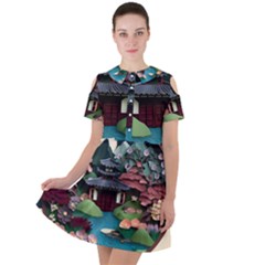 Japanese Garden Flowers Landscape Short Sleeve Shoulder Cut Out Dress 