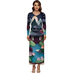 Japanese Garden Flowers Landscape Long Sleeve Longline Maxi Dress by danenraven