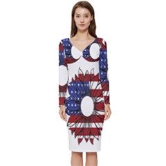 Us Flag Flower Sunshine Flag America Usa Long Sleeve V-neck Bodycon Dress  by Wegoenart