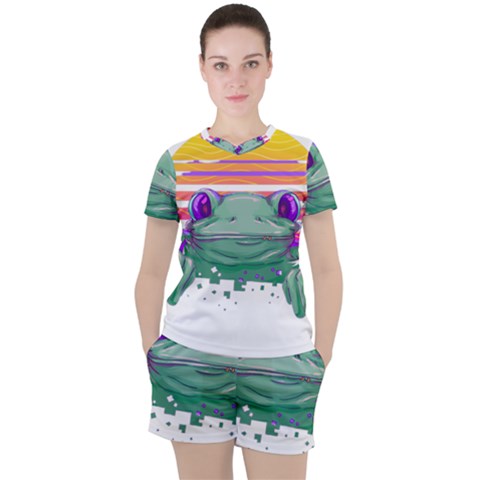 Frog Animal Sun Amphibian Figure Digital Art Women s Tee And Shorts Set by Wegoenart